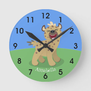 Cute funny hyena laughing cartoon illustration round clock
