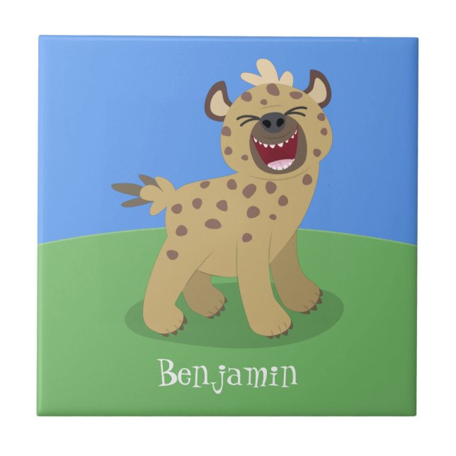 Cute funny hyena laughing cartoon illustration tile (Front)