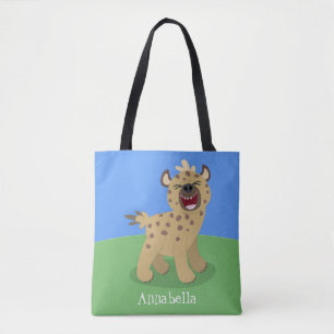 Cute funny hyena laughing cartoon illustration tote bag