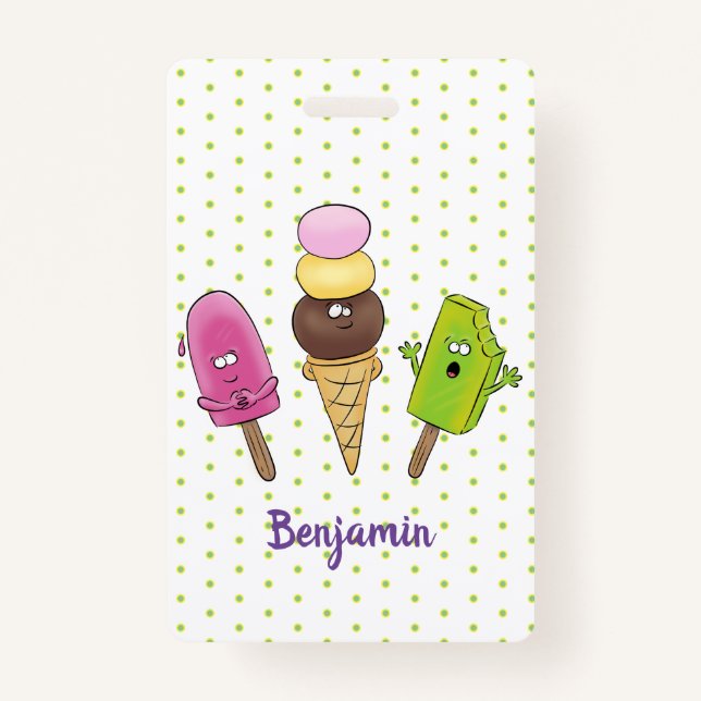 Cute funny ice cream popsicle cartoon trio badge (Front)