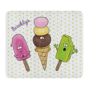 Cute funny ice cream popsicle cartoon trio cutting board