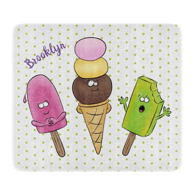 Cute funny ice cream popsicle cartoon trio cutting board (Front)