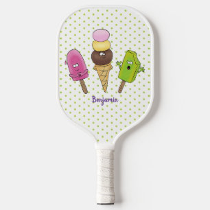 Cute funny ice cream popsicle cartoon trio pickleball paddle