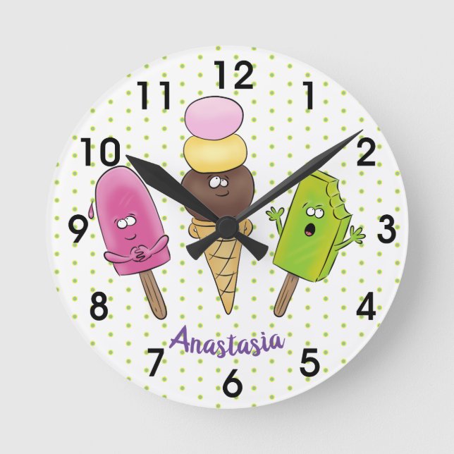 Cute funny ice cream popsicle cartoon trio round clock (Front)
