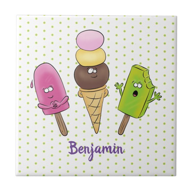 Cute funny ice cream popsicle cartoon trio tile (Front)