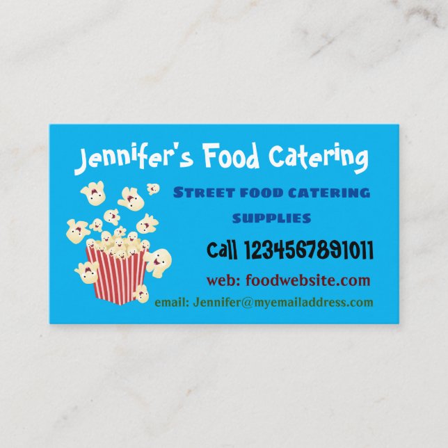 Cute funny jumping popcorn cartoon business card (Front)