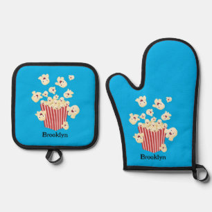 Cute funny jumping popcorn cartoon oven mitt & pot holder set