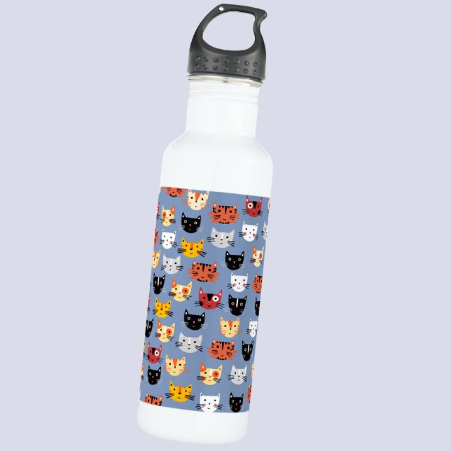 Cute Funny Kitty Cat Faces Pattern Blue 710 Ml Water Bottle (Fun little kitty cat water bottle for pet lovers)