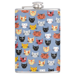 Cute Funny Kitty Cat Faces Pattern Blue Hip Flask