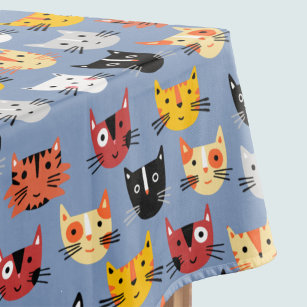 Cute Funny Kitty Cat Faces Pattern Blue Tablecloth