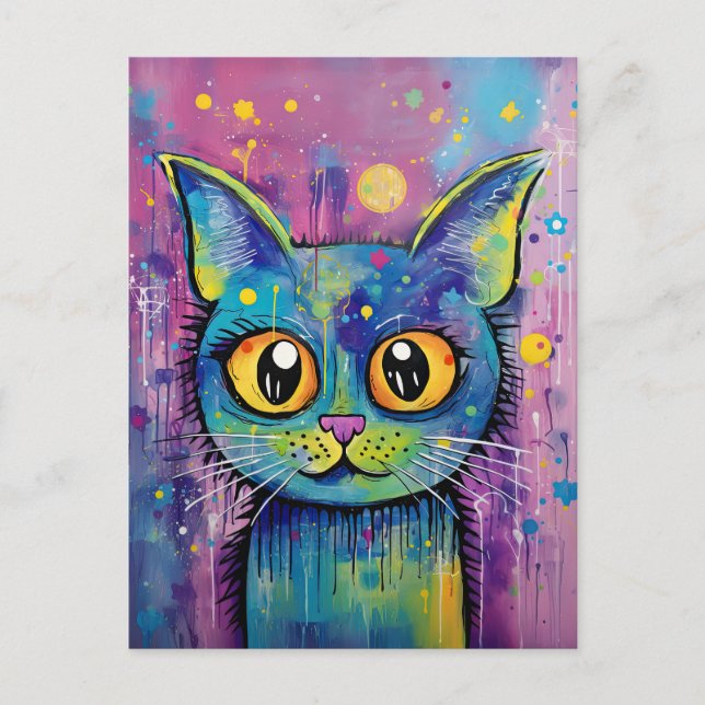 Cute Funny Kitty Cat Mixed Media Animal Pet Postcard (Front)
