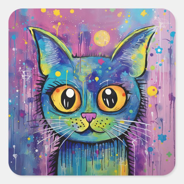 Cute Funny Kitty Cat Mixed Media Animal Pet Square Sticker (Front)