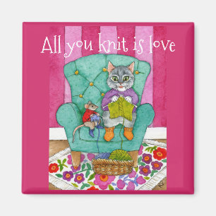 Cute funny knitting kitten and mouse magnet