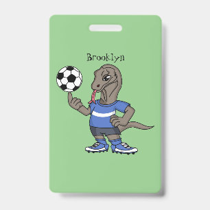Cute funny Komodo dragon playing soccer cartoon Badge