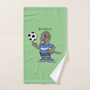 Cute funny Komodo dragon playing soccer cartoon Bath Towel Set