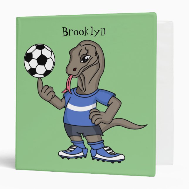 Cute funny Komodo dragon playing soccer cartoon Binder (Front/Inside)
