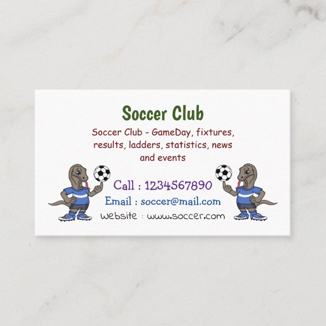 Cute funny Komodo dragon playing soccer cartoon Business Card (Front)