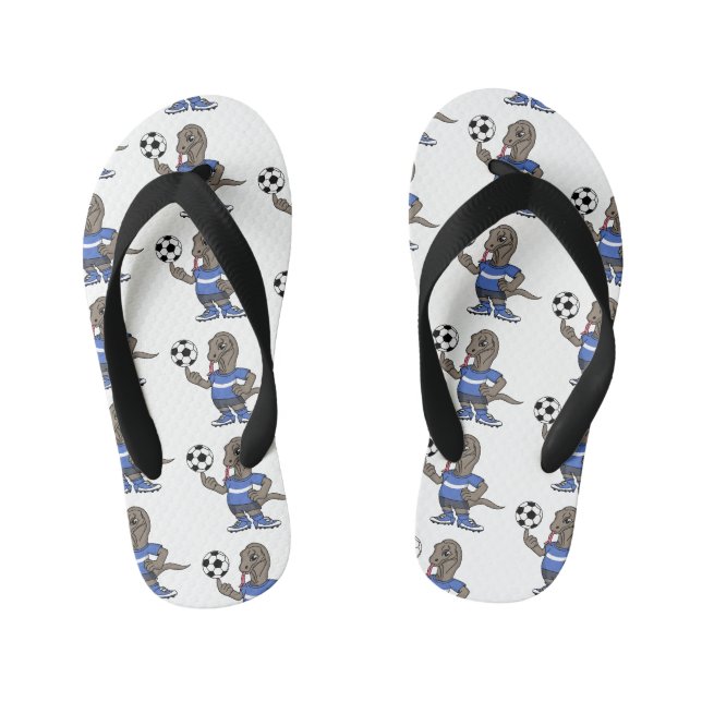 Cute funny Komodo dragon playing soccer cartoon Kid's Flip Flops (Footbed)
