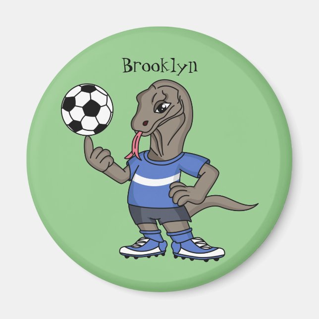 Cute funny Komodo dragon playing soccer cartoon Magnet (Front)