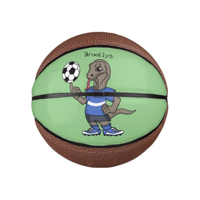 Cute funny Komodo dragon playing soccer cartoon Mini Basketball (Front)