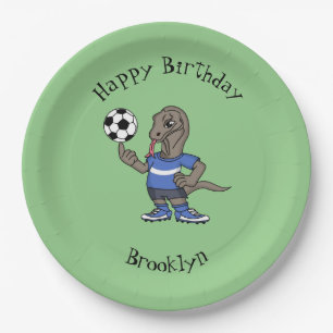 Cute funny Komodo dragon playing soccer cartoon Paper Plate