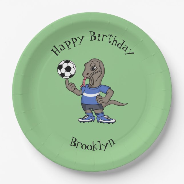 Cute funny Komodo dragon playing soccer cartoon Paper Plate (Front)