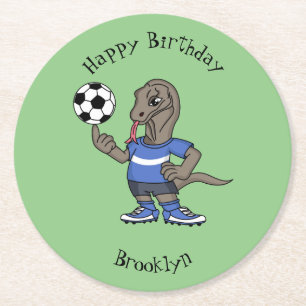 Cute funny Komodo dragon playing soccer cartoon Round Paper Coaster