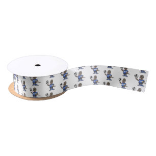 Cute funny Komodo dragon playing soccer cartoon Satin Ribbon