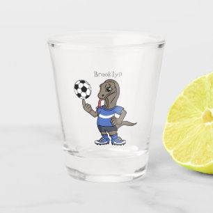 Cute funny Komodo dragon playing soccer cartoon Shot Glass
