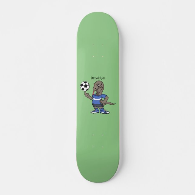 Cute funny Komodo dragon playing soccer cartoon Skateboard (Front)