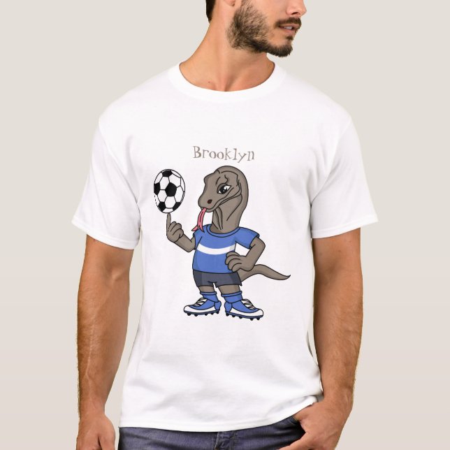 Cute funny Komodo dragon playing soccer cartoon T-Shirt (Front)