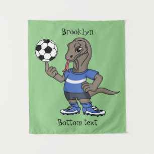 Cute funny Komodo dragon playing soccer cartoon Tapestry