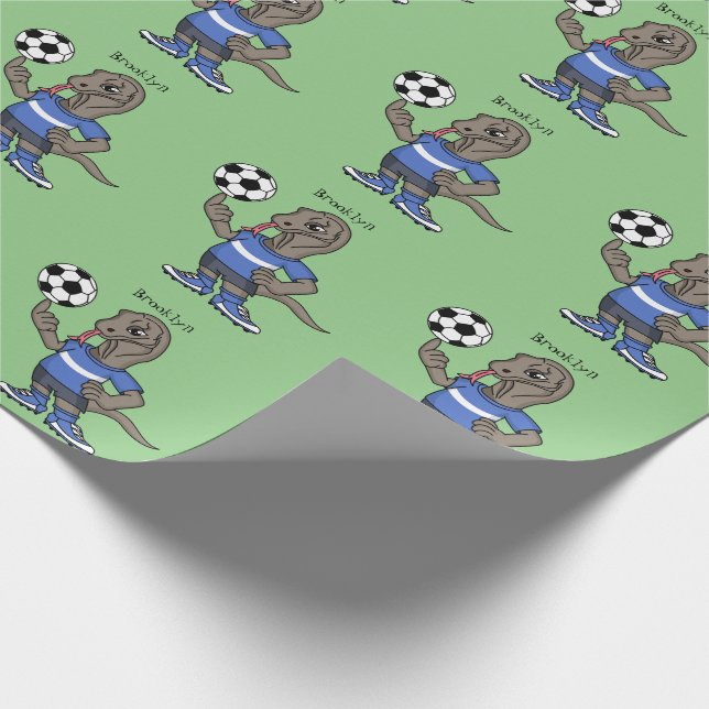 Cute funny Komodo dragon playing soccer cartoon Wrapping Paper (Corner)