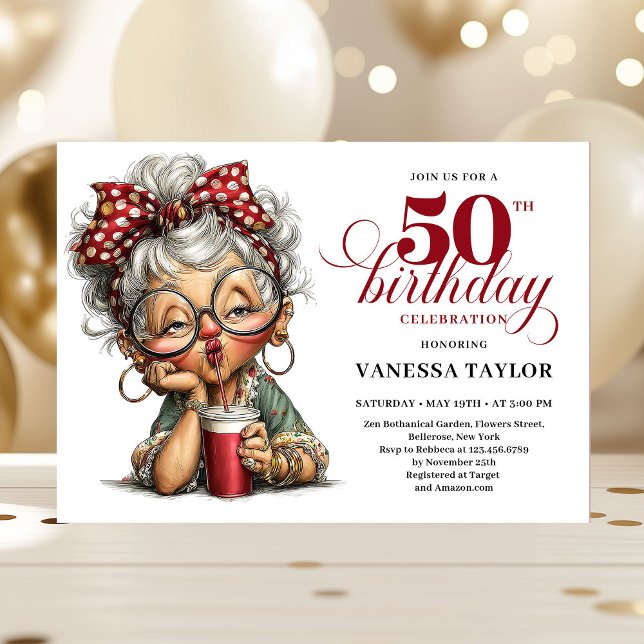 Cute Funny Lady 50th Birthday Cartoon Humor Invite (Cute Funny Lady 50th Birthday Cartoon Humor Invite)