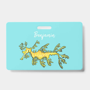 Cute funny leafy sea dragon cartoon illustration badge