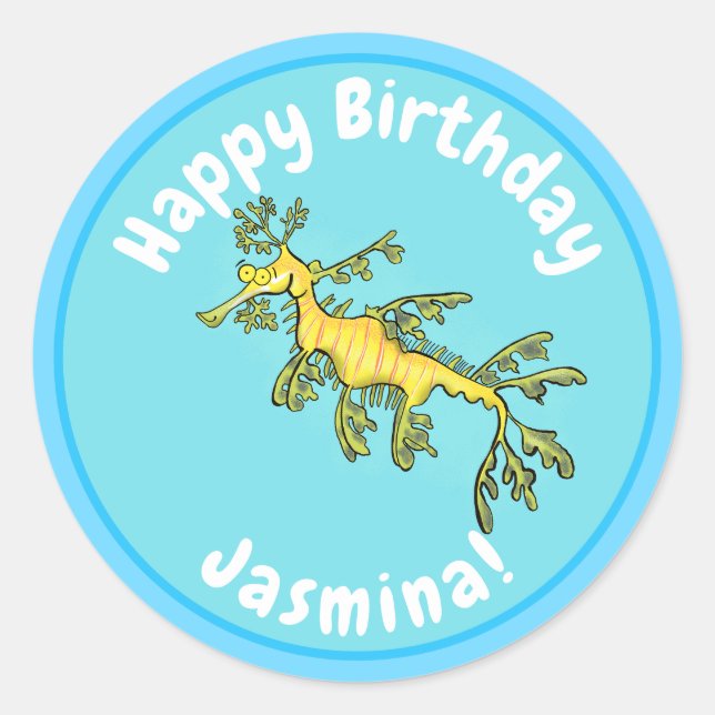 Cute funny leafy sea dragon cartoon illustration classic round sticker (Front)