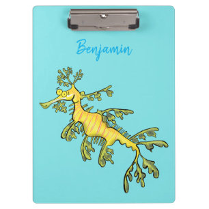 Cute funny leafy sea dragon cartoon illustration clipboard