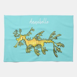 Cute funny leafy sea dragon cartoon illustration kitchen towel