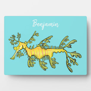 Cute funny leafy sea dragon cartoon illustration plaque