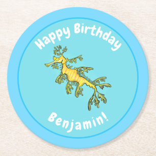 Cute funny leafy sea dragon cartoon illustration round paper coaster
