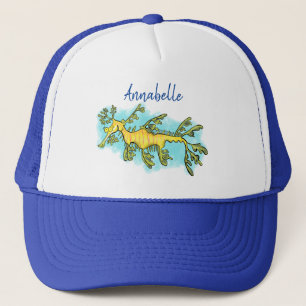 Cute funny leafy sea dragon cartoon illustration trucker hat