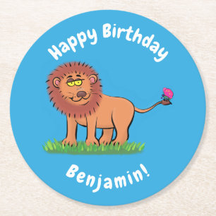 Cute funny lion with butterfly cartoon round paper coaster