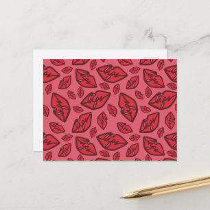 Cute Funny Lips Pattern Pink Background Postcard