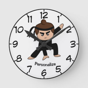 Cute & Funny Little Ninja Boy Cartoon Personalize Round Clock
