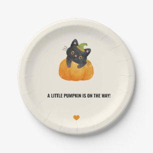 Cute Funny Little Pumpkin on Way Black Cat Paper Plate