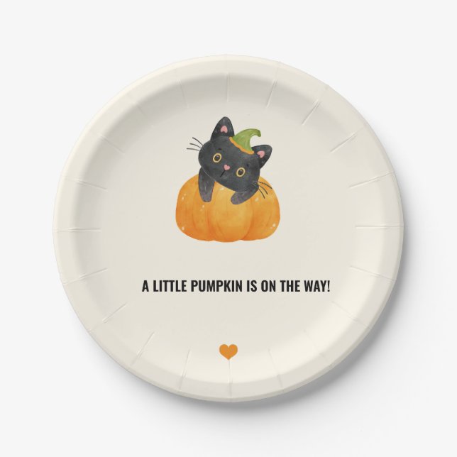 Cute Funny Little Pumpkin on Way Black Cat Paper Plate (Front)