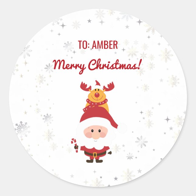Cute Funny Modern Rudolph Santa Personalized Name  Classic Round Sticker (Front)