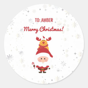 Cute Funny Modern Rudolph Santa Personalized Name  Classic Round Sticker