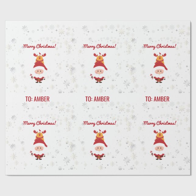 Cute Funny Modern Rudolph Santa Personalized Name  Wrapping Paper (Flat)