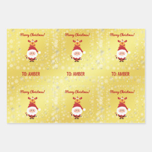 Cute Funny Modern Rudolph Santa Personalized Name  Wrapping Paper Sheet